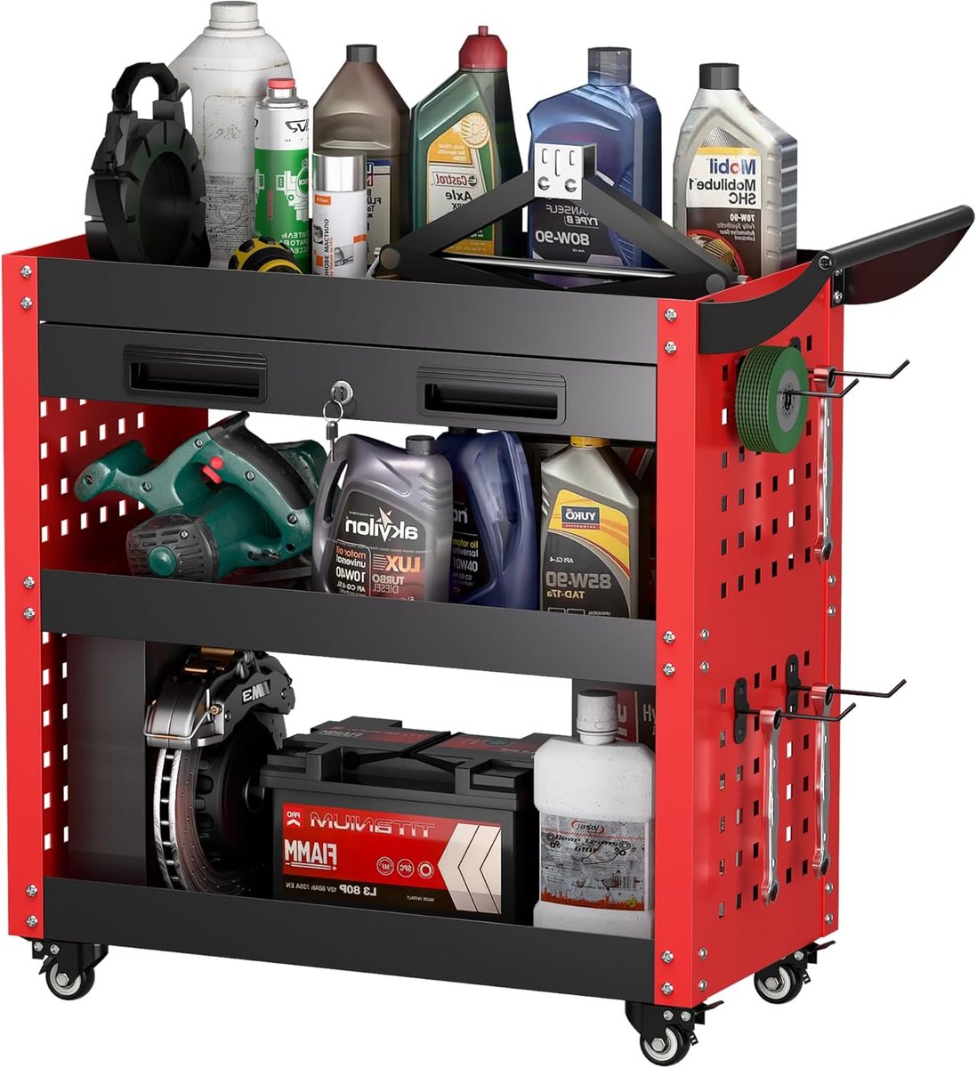 Workshop trolley 78 x 35 x 70 cm - staal - met slotlade en pegboard - ideaal voor gereedschap - ShopVlot
