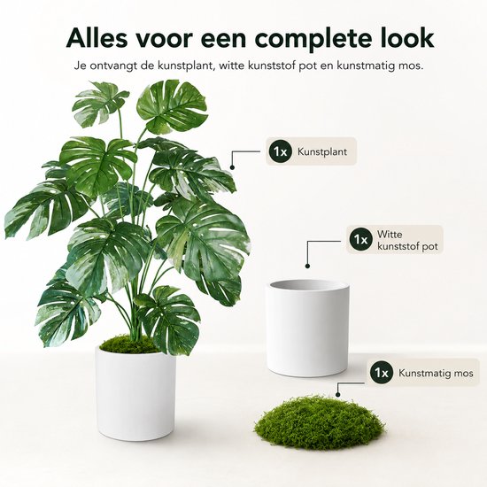 Plante artificielle Monstera, pot blanc et mousse artificielle sur fond blanc, avec des étiquettes nommant chaque composant.