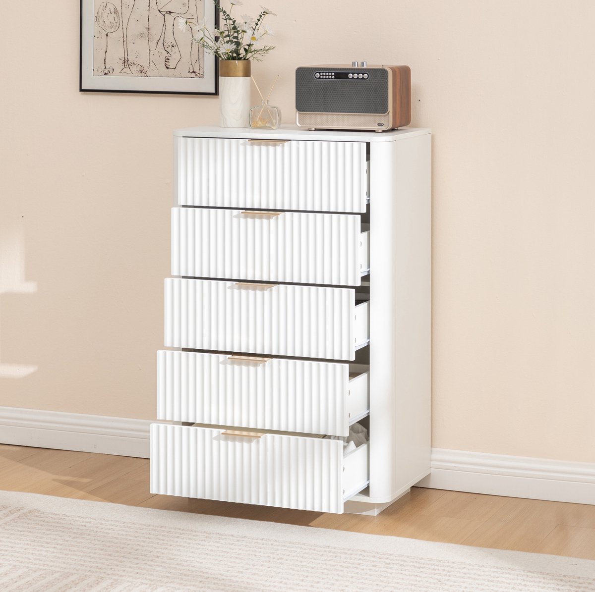 COVREO Ladekast 70 x 40 x 108 cm wit, MDF met 5 lades en metalen handgrepen