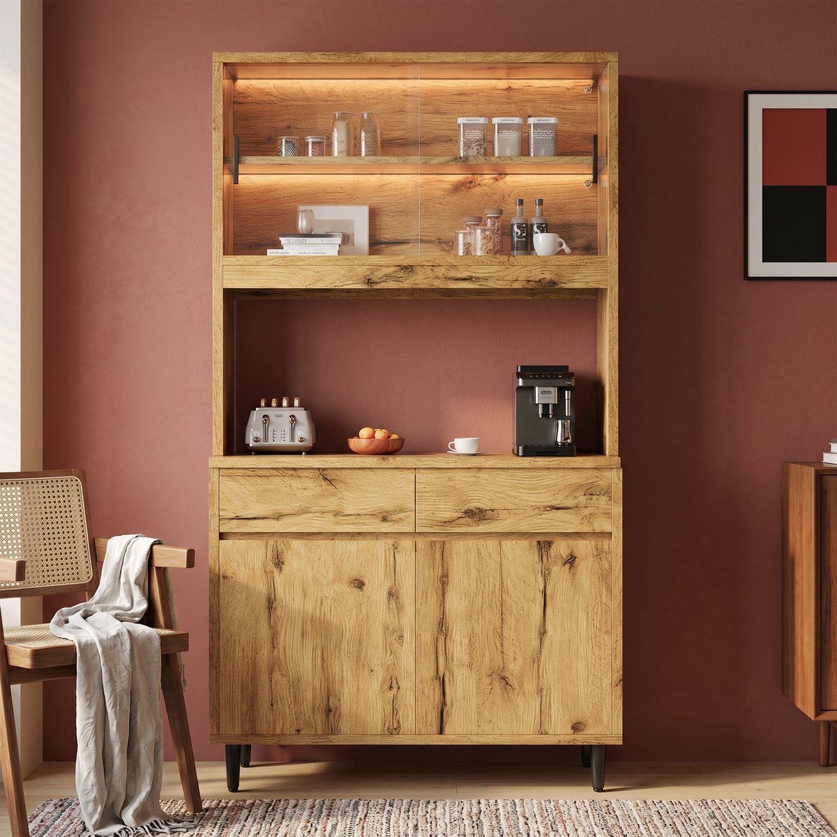 VVBV Buffetkast 100x40x185 cm - App-Bediening, Opbergruimte, USB-Aansluiting, Glazen Deuren - Eiken, Spaanplaat