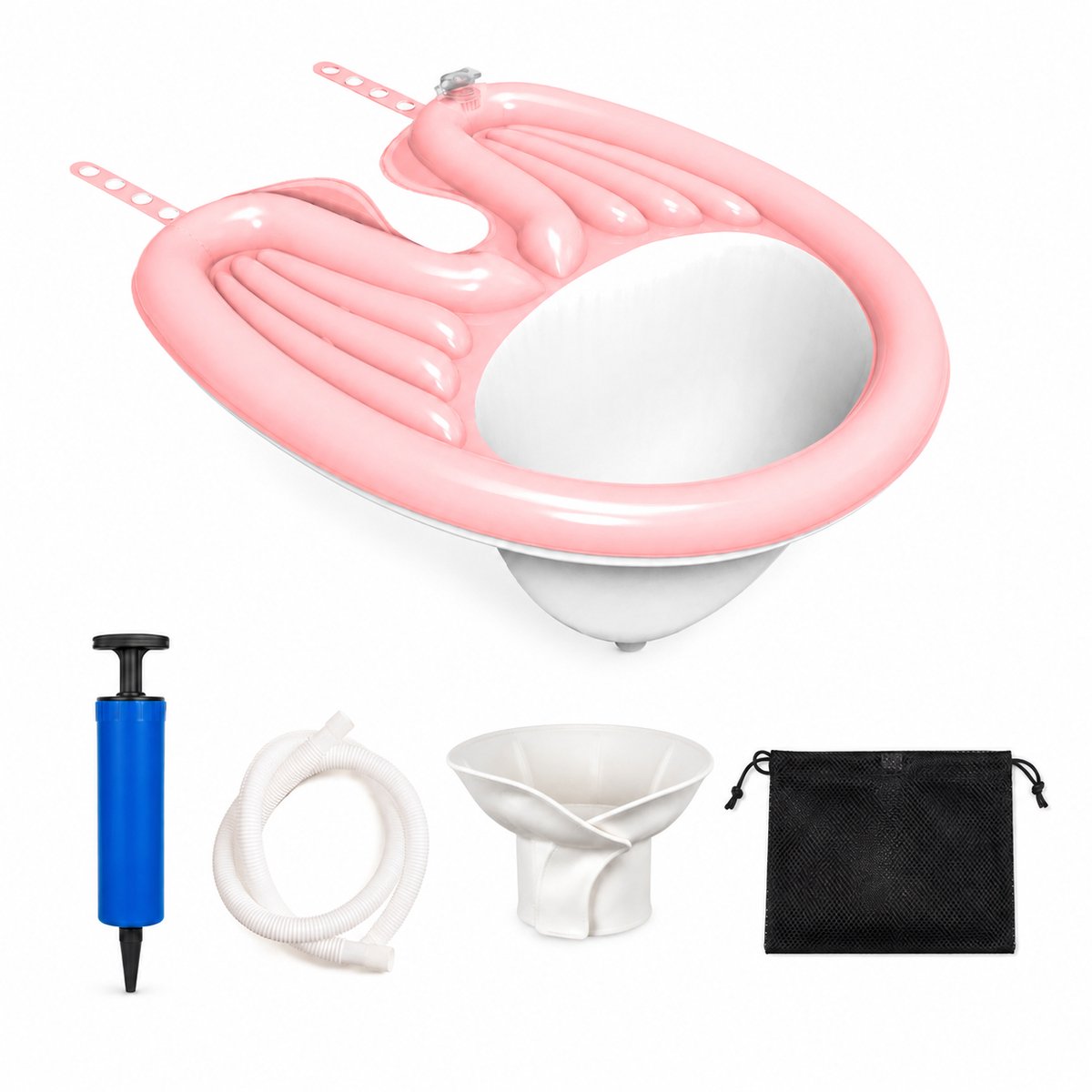 Gloovon® Opblaasbare Haarwasbak - Met Nekring & Afvoerslang - Ergonomische Wasbak voor Stoel - Mobiel & Lekvrij - Roze/Wit）