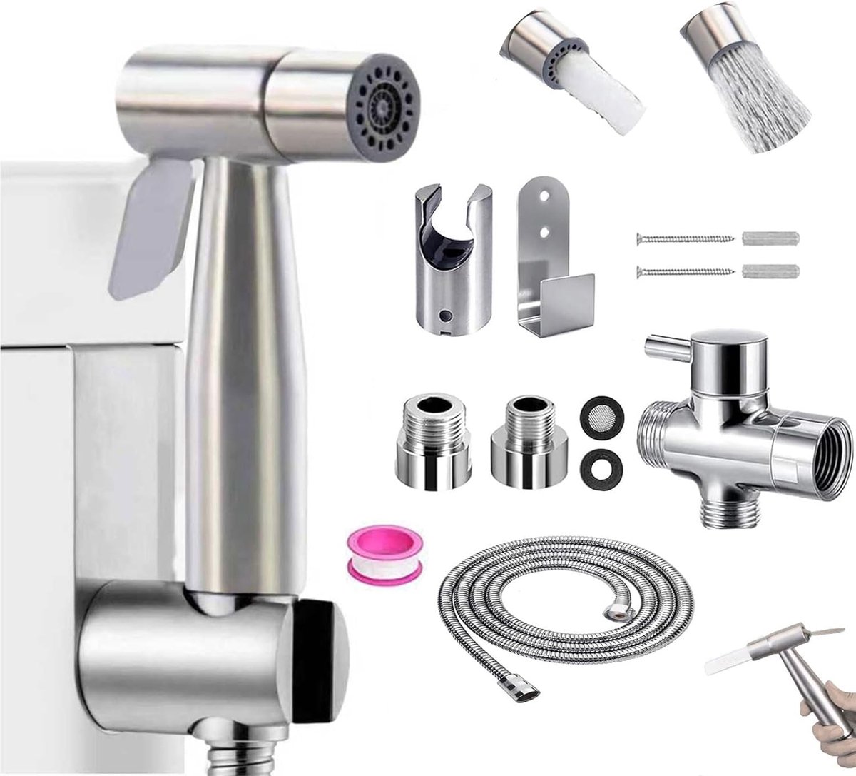 Bidet Handdouche met dubbele schakelaar - RVS spuitkop - 124 cm slang - voor handsfree gebruik - ShopVlot