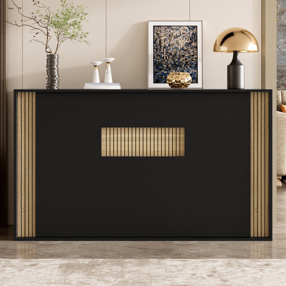 VVBV Dressoir 140x40x82 cm - Opbergruimte, LED-Verlichting, Met Lades, 3 Deuren - Zwart/Naturel, Spaanplaat
