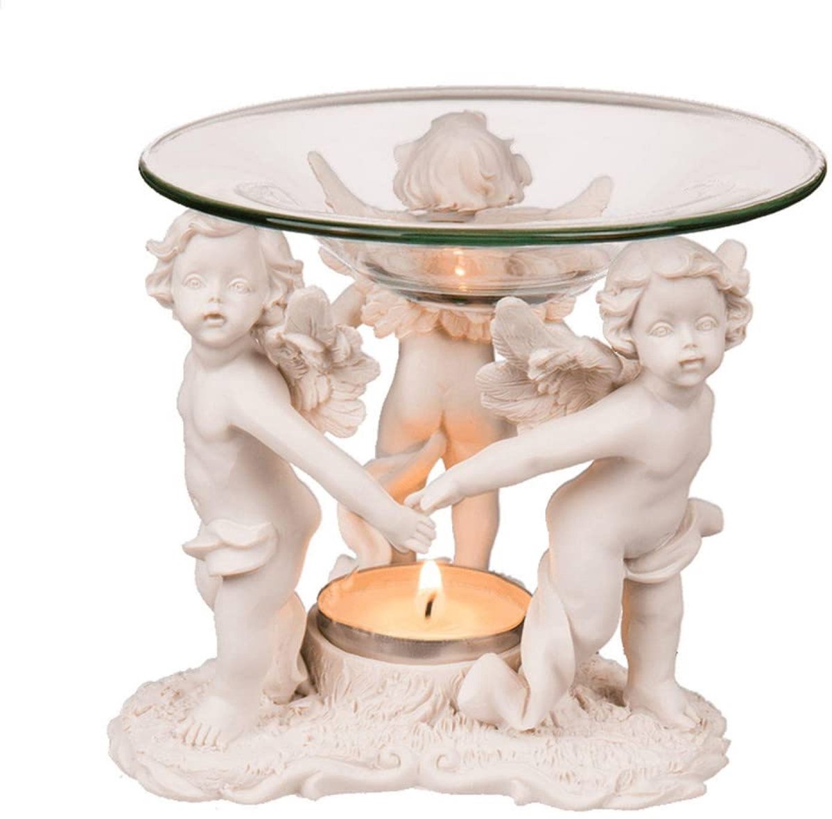 Aromalamp met engelen 10,5 x 11,5 cm - polyresin met glazen schaal - sfeervol en rustgevend - ShopVlot