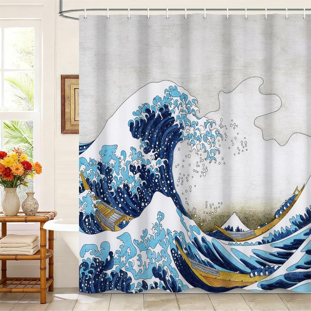 Douchegordijn 180 x 200 cm - Japanse kunst Hokusai - waterdicht polyester - sfeervolle badkamerdecoratie - ShopVlot