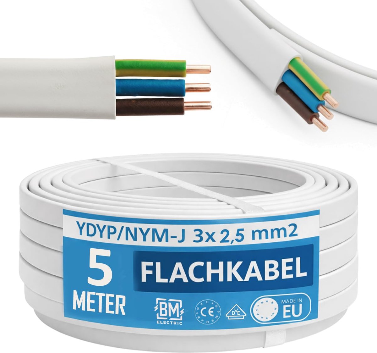 Stroomkabel 3 x 2.5 mm² - Plat 5 m - Vochtbestendig - Ideaal voor natte ruimtes - ShopVlot
