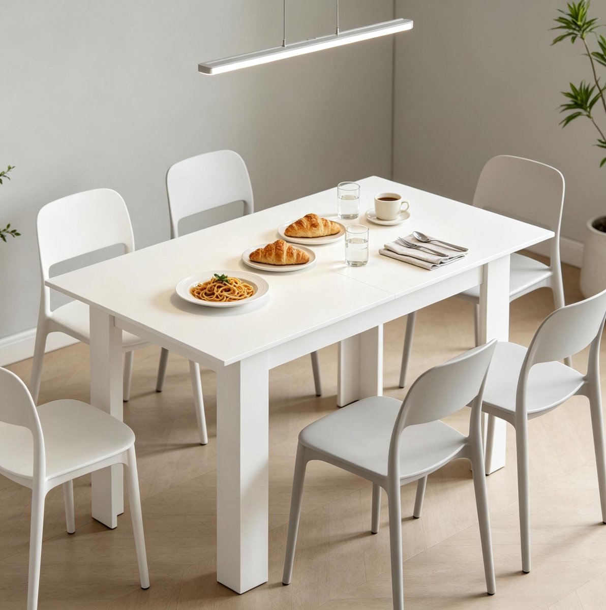 OKWISH Uitschuifbare Eettafel - Rechthoekig Modern Design - Voor 6 Tot 8 Personen - MDF En Staal Wit - 180 X 80 X 75 Cm