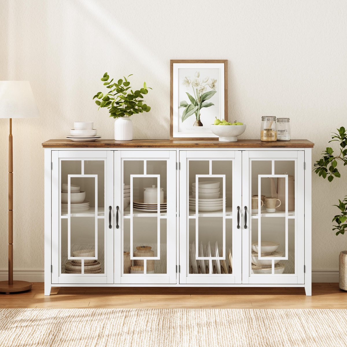 VVBV Dressoir 160x40x86 cm - Opbergruimte, Glazen Deuren, Met Planken - Wit, MDF