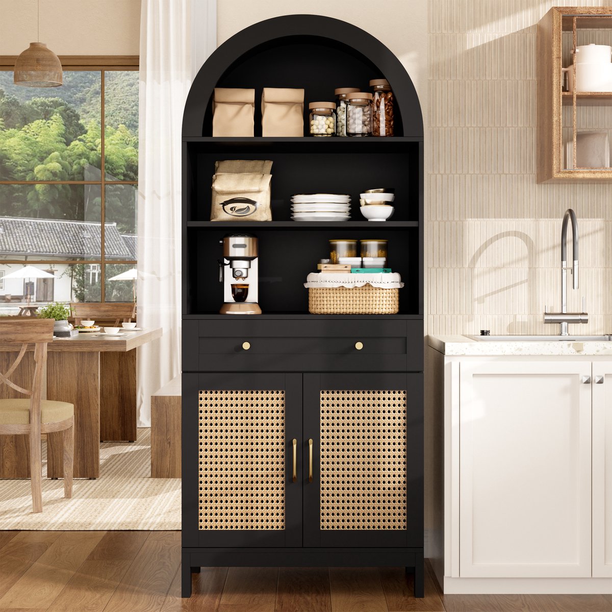 VVBV Dressoir 70x40x170 cm - Opbergruimte, Met Lades, 2 Deuren - Zwart/Naturel, Spaanplaat