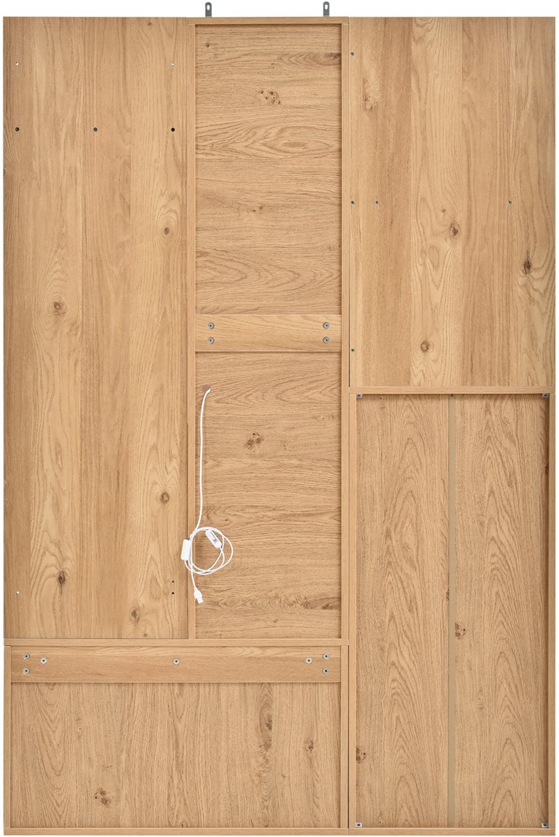 OKWISH Schoenenkast – Kapstok Met Spiegel En Zitbank – 120 x 32 x 178 cm – Met Laden En Klapschoenvak – LED-Verlichting Met App-Bediening – MDF En Spaanplaat Zwart/Naturel