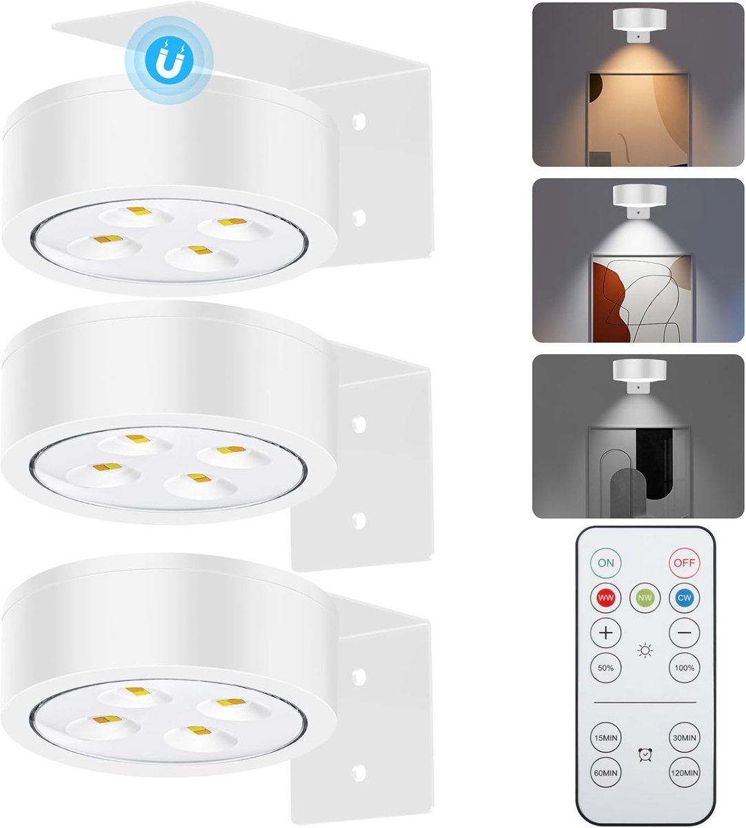 KZQ 3-pack USB-oplaadbare magnetische schilderijlamp voor muur met 3 lichtmodi - LED kunstverlichting - Dimbare afstandsbediening met timer - Wit