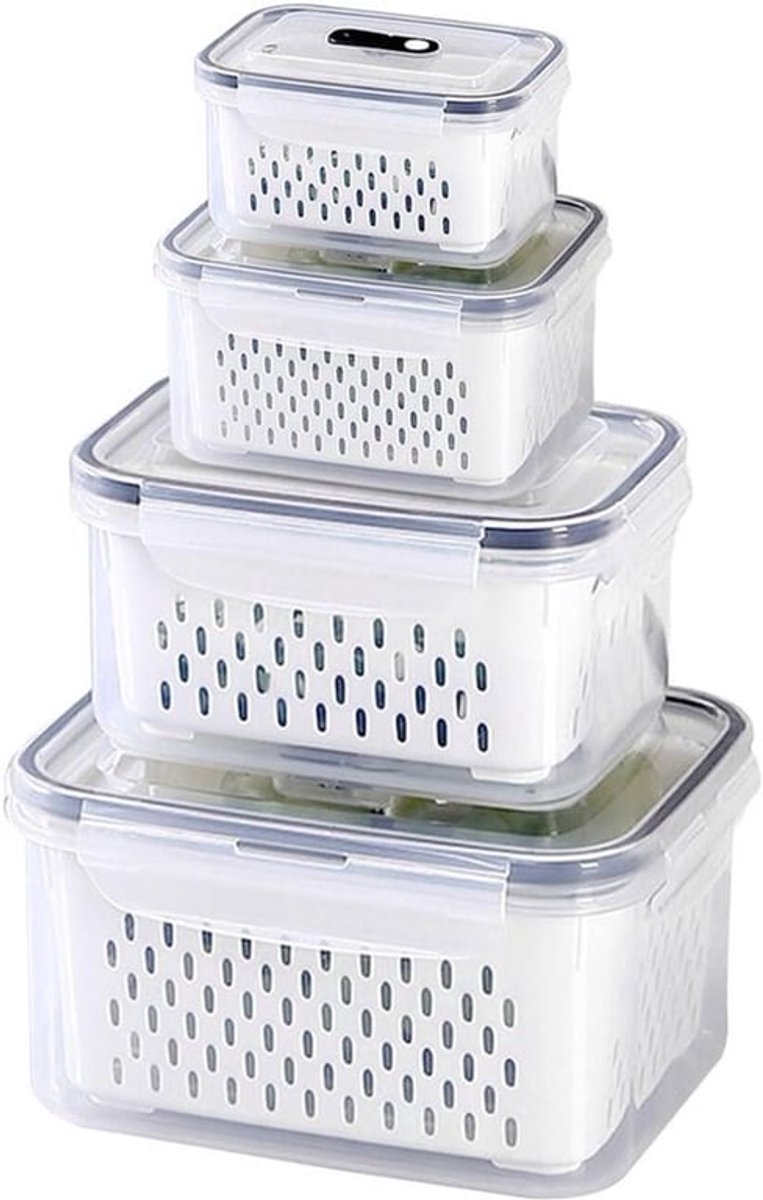 4 stuks vershouddozen met deksel en afdruiprooster voor de koelkast - Luchtdichte lekvrije containers voor het bewaren van fruit, groenten en bessen