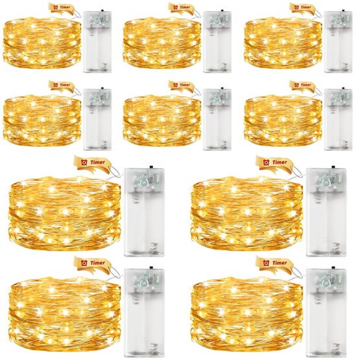 Verpakking van 10 LED-lampjes op batterijen met timer, 2 m, 20 LED-micro-koperdraad, LED-lampjes met timer, warm wit, op batterijen, geschikt voor Kerstmis, Halloween en oudejaarsavond.