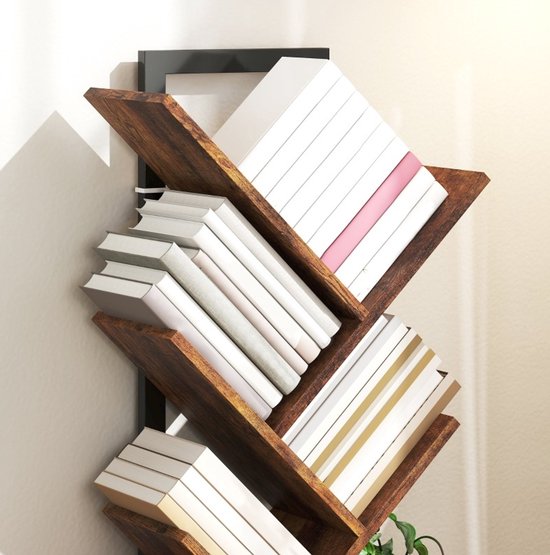 MIVRAY Boekenrek - Boomvormig Met 9 Niveaus - 50 x 24 x 136 cm - Hout En Staal - Rustiek Bruin - Voor Woonkamer En Kantoor — afbeelding 5