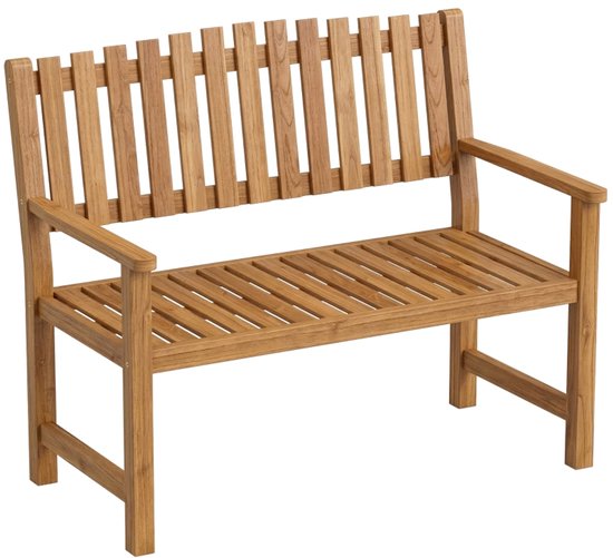 Klassieke houten tuinbank in natuurlijke kleur met lattenstructuur, armleuningen en een stevig frame.