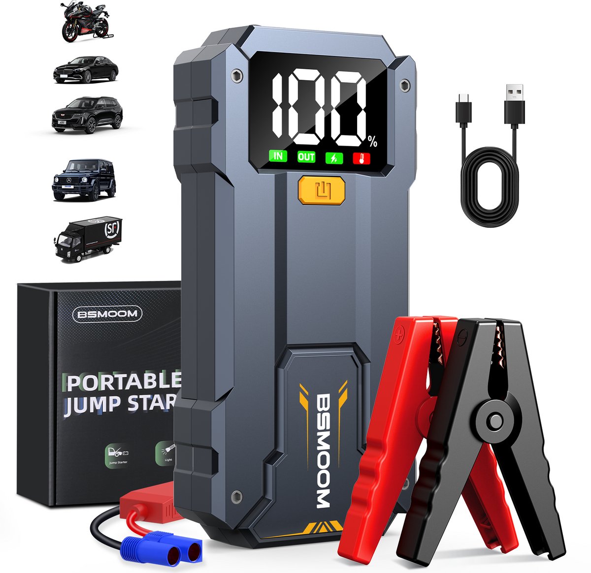 BSMOOM 12V Jumpstarter voor Auto - 7000A - 3-in-1 Starthulp - LED Zaklamp SOS Noodlicht en Powerbank -Alle Voertuigen-Zwart