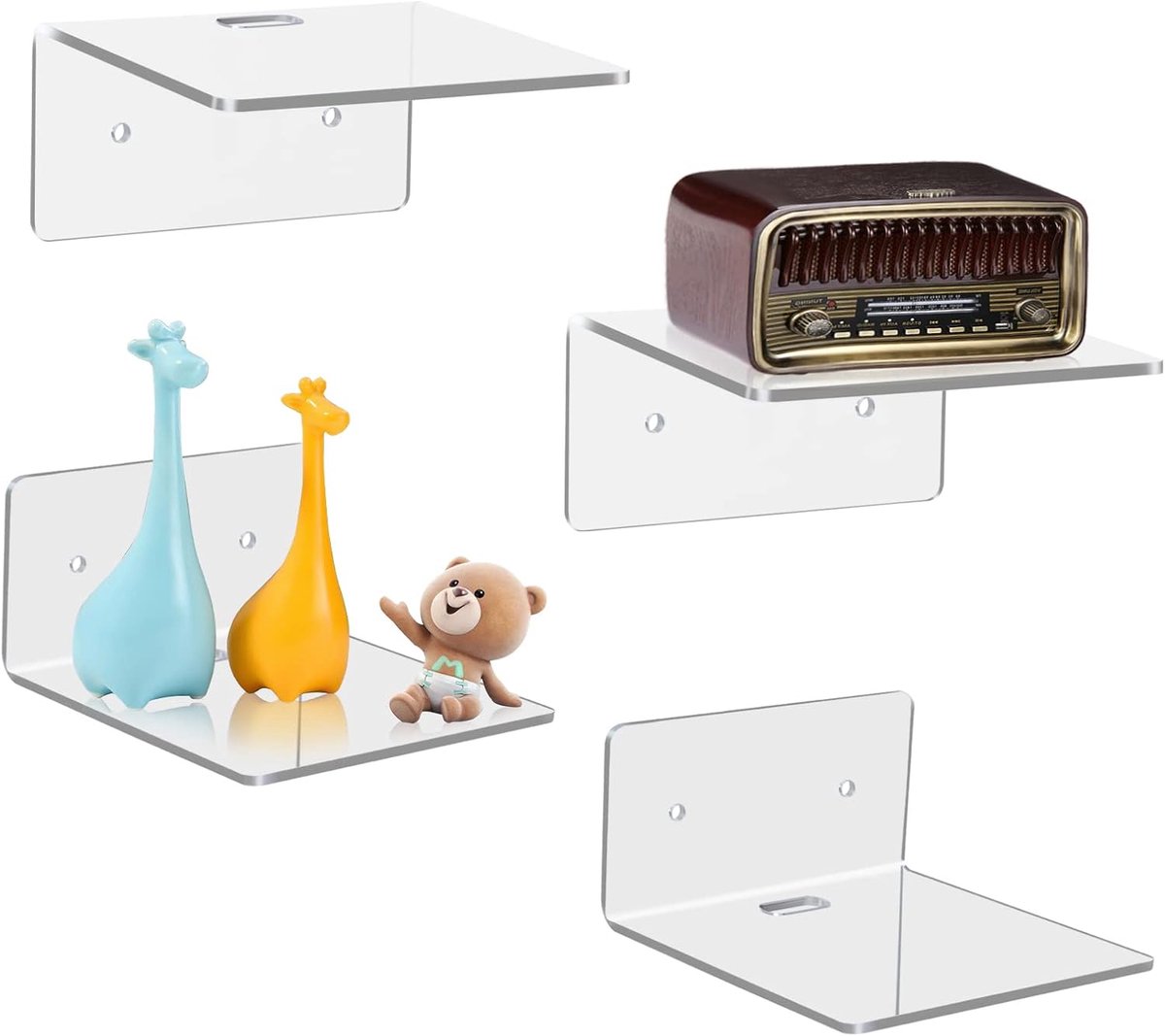 KZQ Set van 4 kleine wandplanken – Acryl wandplanken – Presentatieplanken – Inclusief bevestigingsmateriaal – Voor opbergen en decoratie