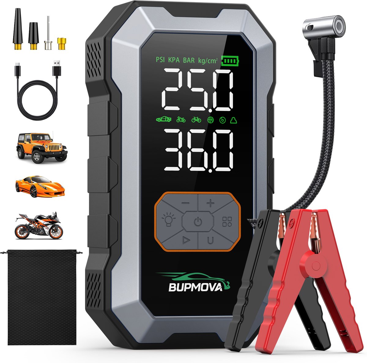 Bupmova 12V Jumpstarter - 9000A – 3-in-1-10 BAR – Startbooster voor Auto-Startkabels met Accu – LED Zaklamp-SOS Noodlicht en Powerbank -Zwart