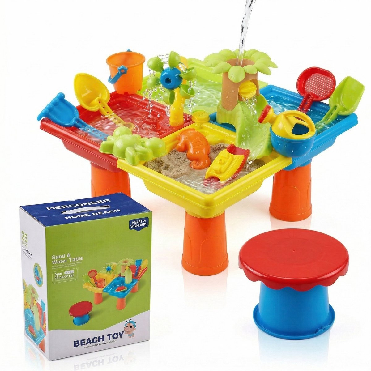 LuXeVi® Zand- en Watertafel met Krukje - 25-delige Speeltafel voor Kinderen - Incl. Strandset, Gieter en Vormpjes - Binnen & Buiten Speelgoed