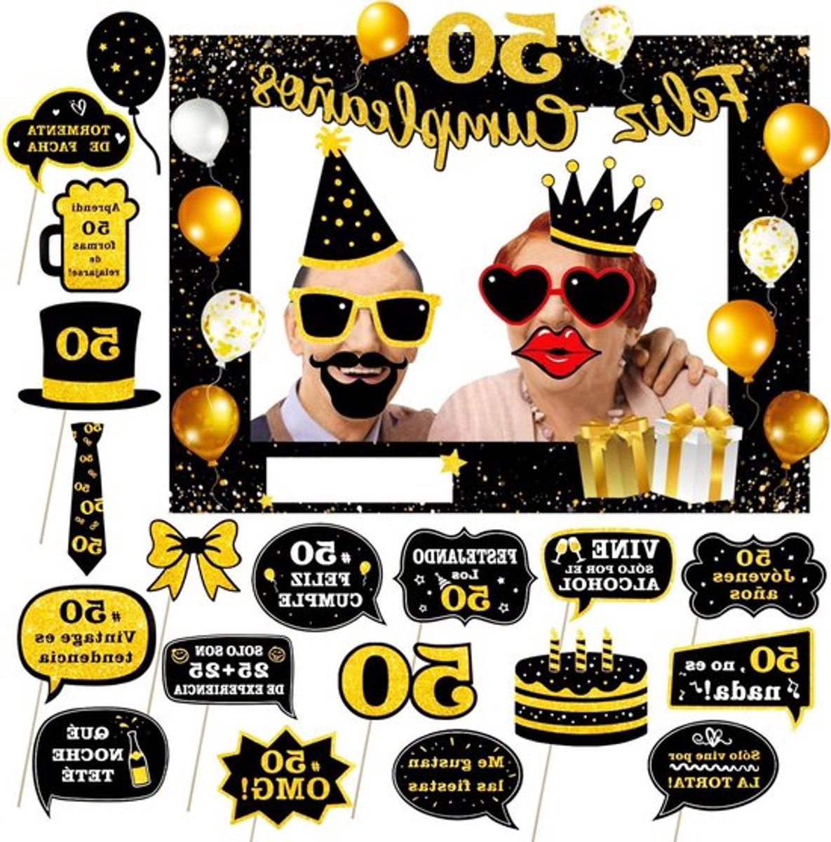 26-delige set fotolijsten voor selfies met Spaanse belettering, ideaal als feestdecoratie en fotorekwisieten voor een 50 jaar verjaardag