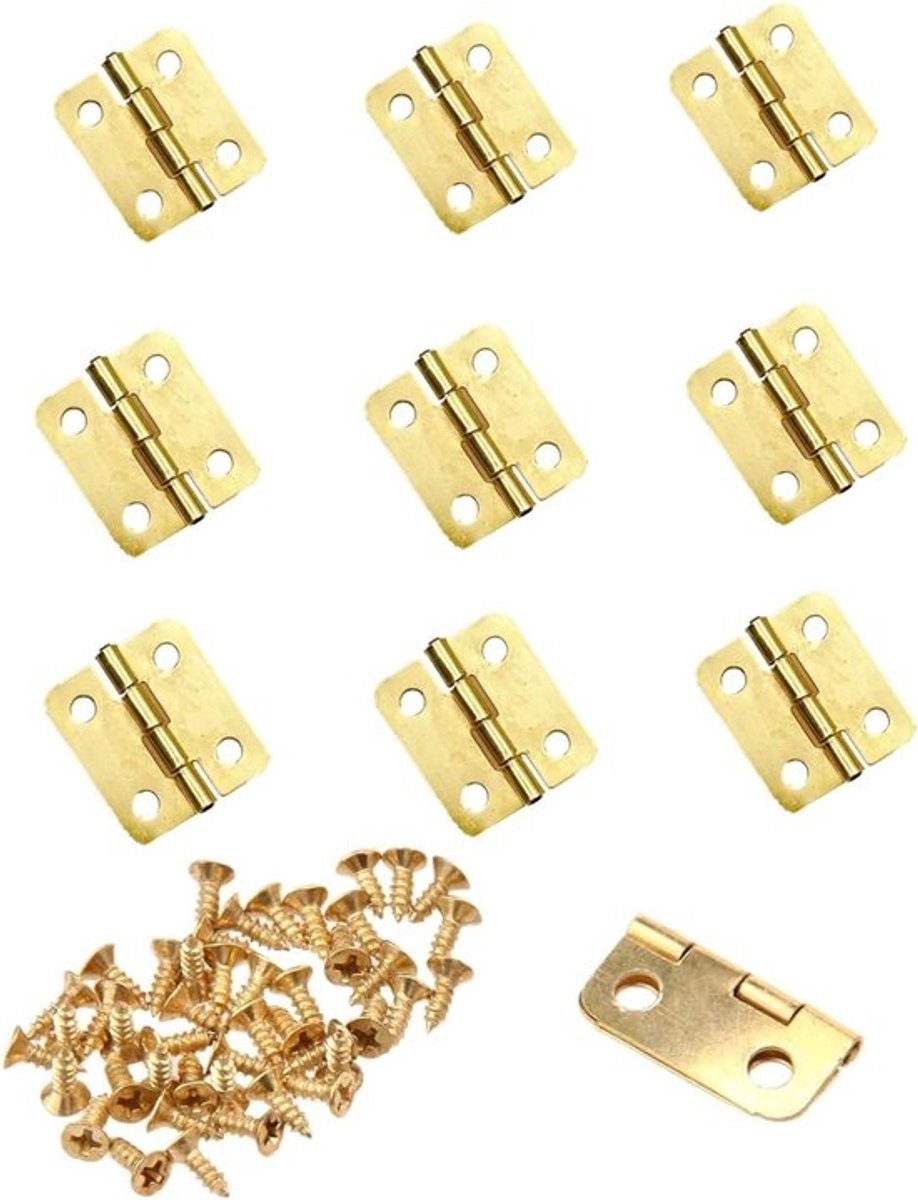 Mini metalen scharnieren van 18 x 16 mm in goudkleur, ideaal als vervangende scharnieren voor poppenhuizen en juwelendozen, inclusief schroeven voor eenvoudige montage