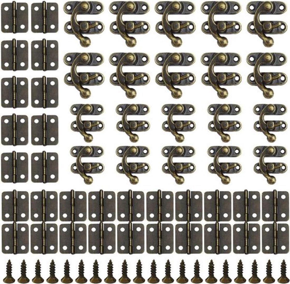 Set van 20 antieke vintage barrelhaken met snelsluiting en mini-klapscharnieren inclusief schroeven, ideaal voor het vergrendelen van houten kisten en doe-het-zelf decoratie