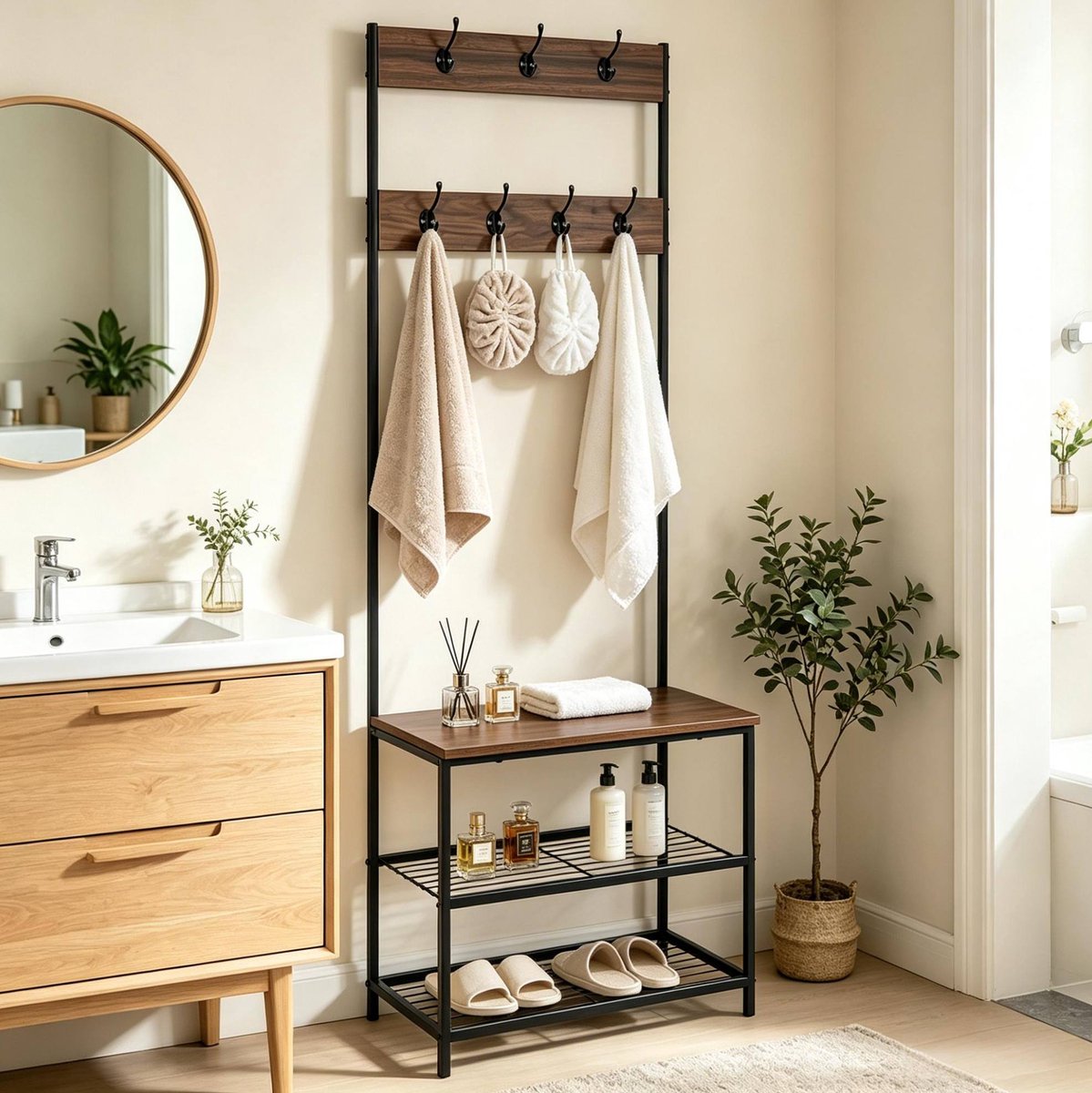 MIVRAY Kledingrek Met Schoenenrek En Bank – 3-in-1 Met 7 Dubbele Haken – 60 X 30 X 170 Cm – Hout En Metaal – Donker Houtlook – Hal En Slaapkamer Wood