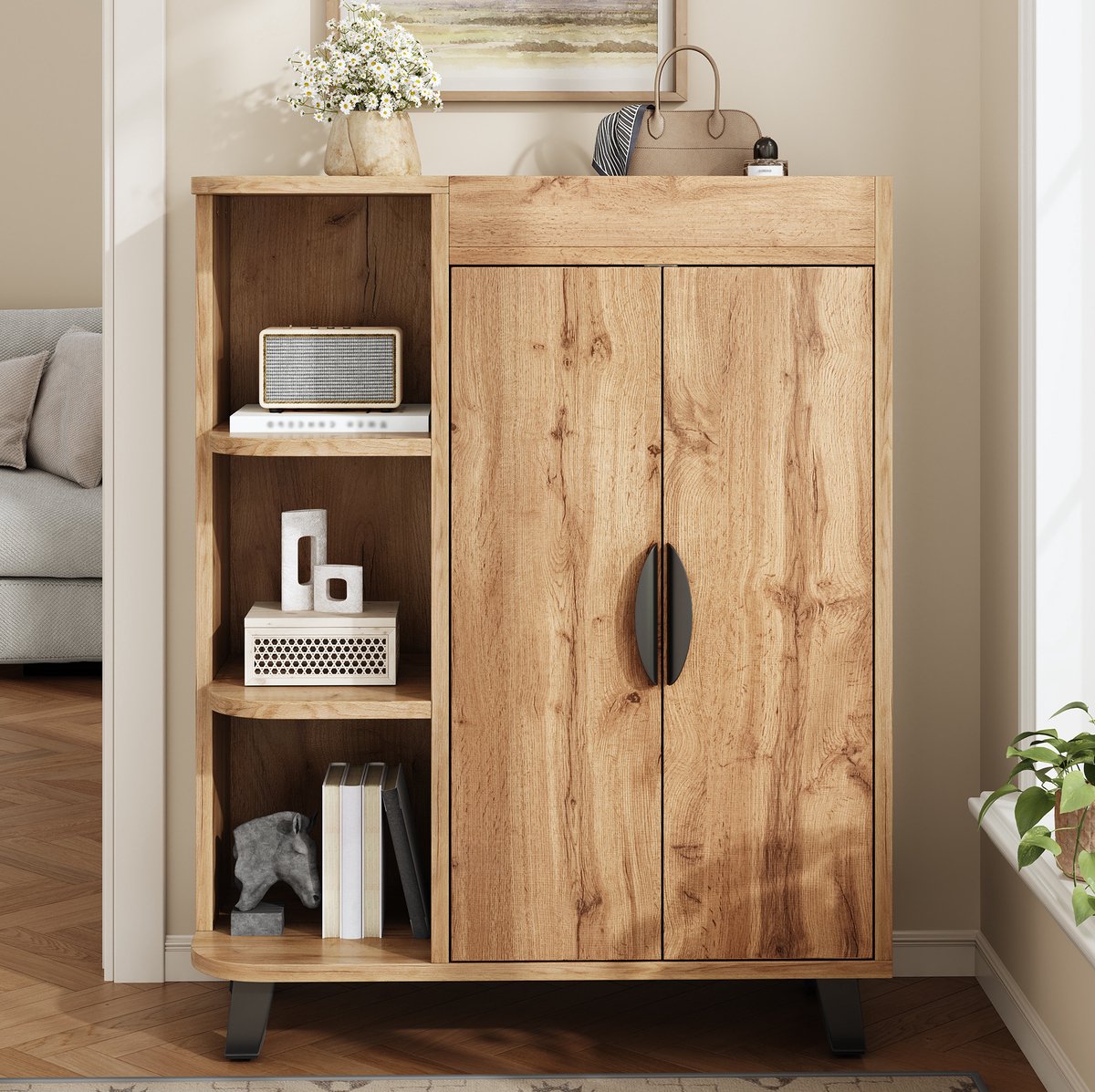 Schoenenkast - Smal Model Met Open Vakken En Dubbele Deuren - Gangkast - Spaanplaat - Naturel - 80x32x99 Cm