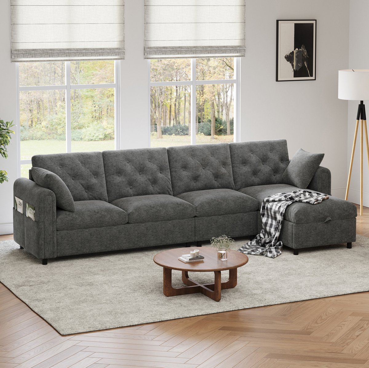 MEUNIQ Hoekbank van 281 x 132 x 86 cm in grijs fluweel, met opbergruimte, slaapfunctie, links en rechts verplaatsbare hoek en gecapitonneerde rugleuning