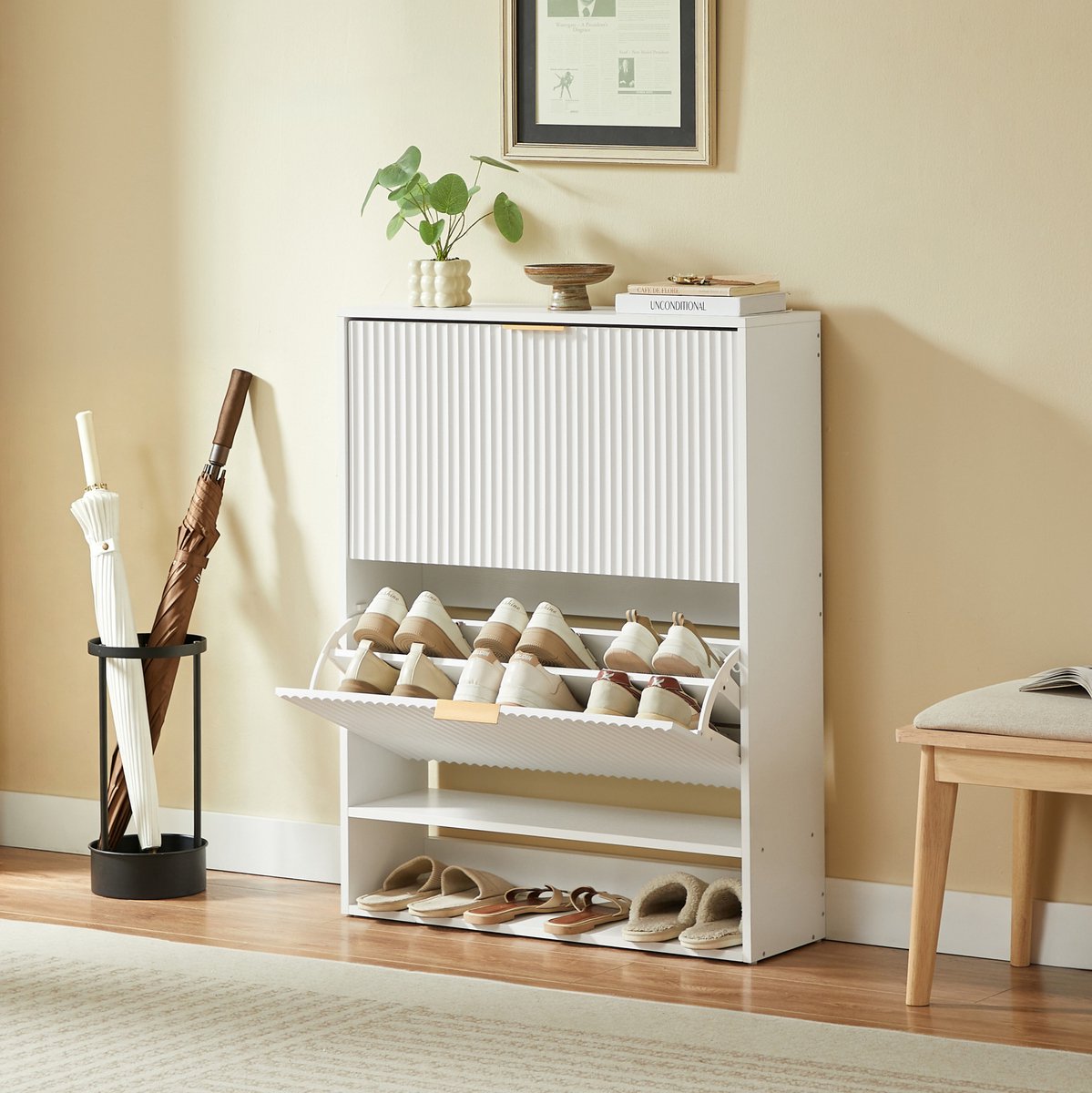 Schoenenkast - Smal Design Met Nutfront En Verstelbare Planken - Voor Hal En Gang - Spaanplaat En Metaal - Wit - 80x24x102 Cm