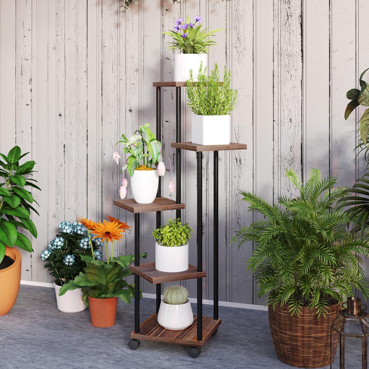 Plantenrek Met Wielen 59 X 59 X 110 Cm Staal En Hout Zwart Voor Binnen En Buiten Met Vijf Etages