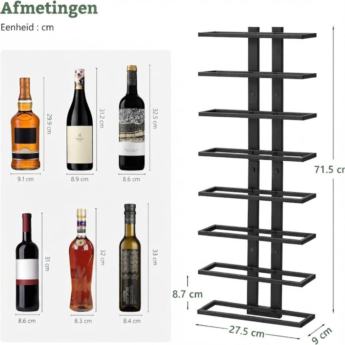 Lìon® Wijnrek Muur – Wandmontage Wijnrek voor Wijnflessen – Stijlvolle Flessenhouder voor Thuis - Zwart - 28cm x 10cm x 72cm
