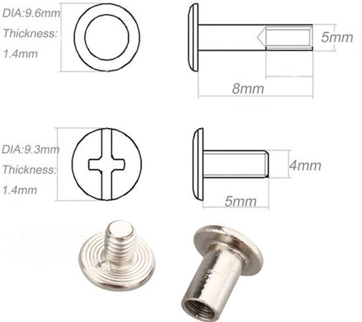50 STKS 5x8mm Chicago Binding Schroef Post Nikkel Plating Nail Klinknagel Platte Bevestigingsmiddelen Lederen Reparatie Schroeven voor Boek Scrapbook Foto Album Lederen Riem - Zilver Tone