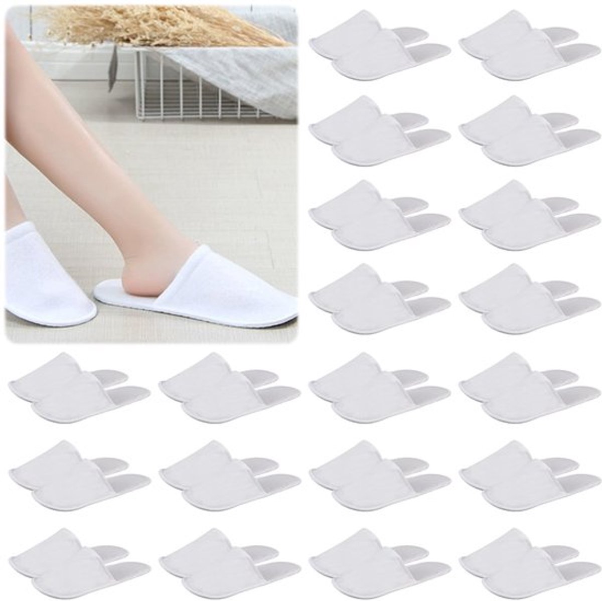 Hotelpantoffels, set van 20 paar gastenpantoffels, 28 x 11 cm, badstof pantoffels voor schoonheidssalons, wellness, artsen, hotels, dames en heren, gastenpantoffels, unisex, wit, wit, één maat