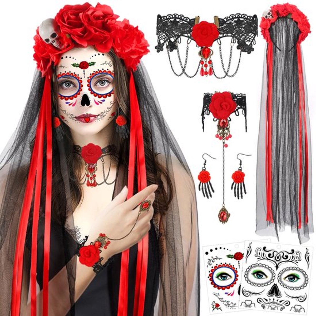 Halloween Dag van de Doden Hoofdband Sluier Rose Bloemen Kroon Halloween Gezicht Tattoos Dag van de Doden Tijdelijke Tattoo voor Halloween Fancy Dress Kostuum