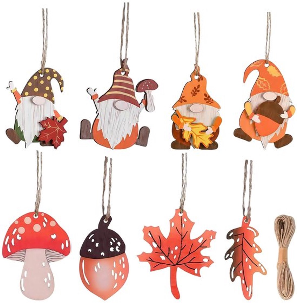 48 Stuks Herfstdecoratie Houten Decoratieve Hangers Herfstdecoratie 6-7 cm Gnoom Figuren Hangers Esdoornblad Dennenappels Paddenstoel Raamhanger met Koord voor Ophangen