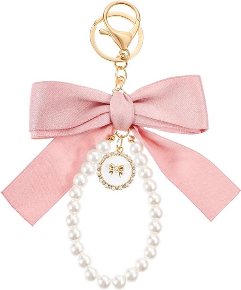 Roze kwastjes sleutelhanger met strik en parels - Accessoires cadeau voor vrouwen