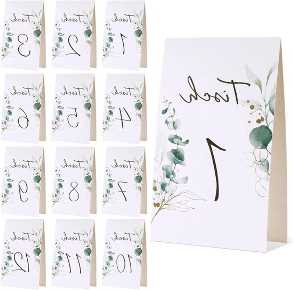 Set van 12 tafelkaarten met tafelnummers en eucalyptus bladeren in groen, ideaal als decoratie voor bruiloften, feesten en evenementen