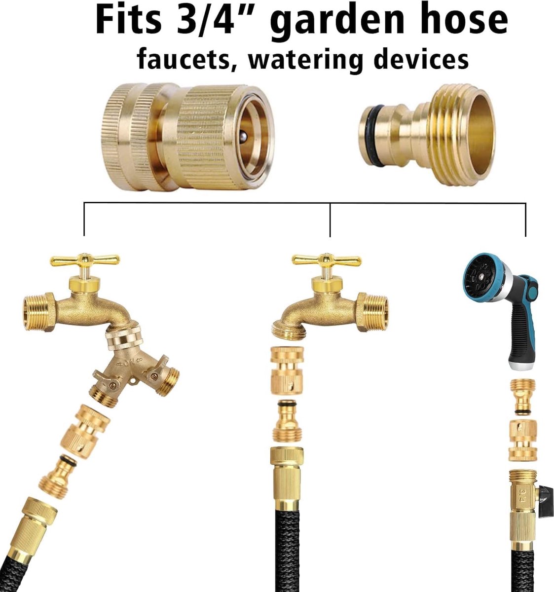SnelShoppen - Snelkoppeling Tuinslang Koppeling Messing - Tuinslang Nozzle Connect Kit voor Tuin, Keuken en Buitentoepassingen - 3/4 Inch