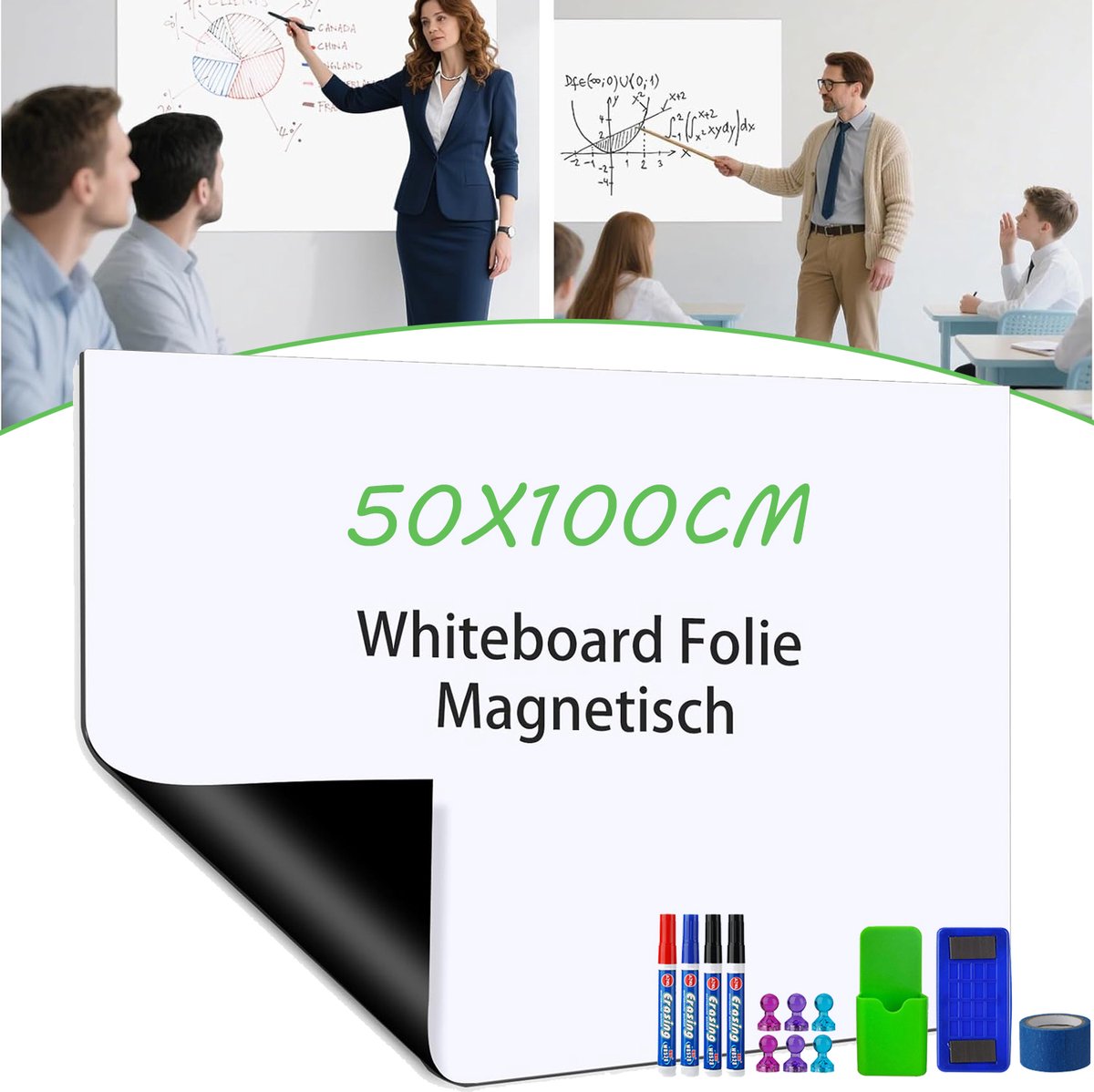 50*100cm Zelfklevend Whiteboardpapier - Flexibele Magnetische Plaat - Whiteboardfolie Met Magneten & Stiften En Een Gum