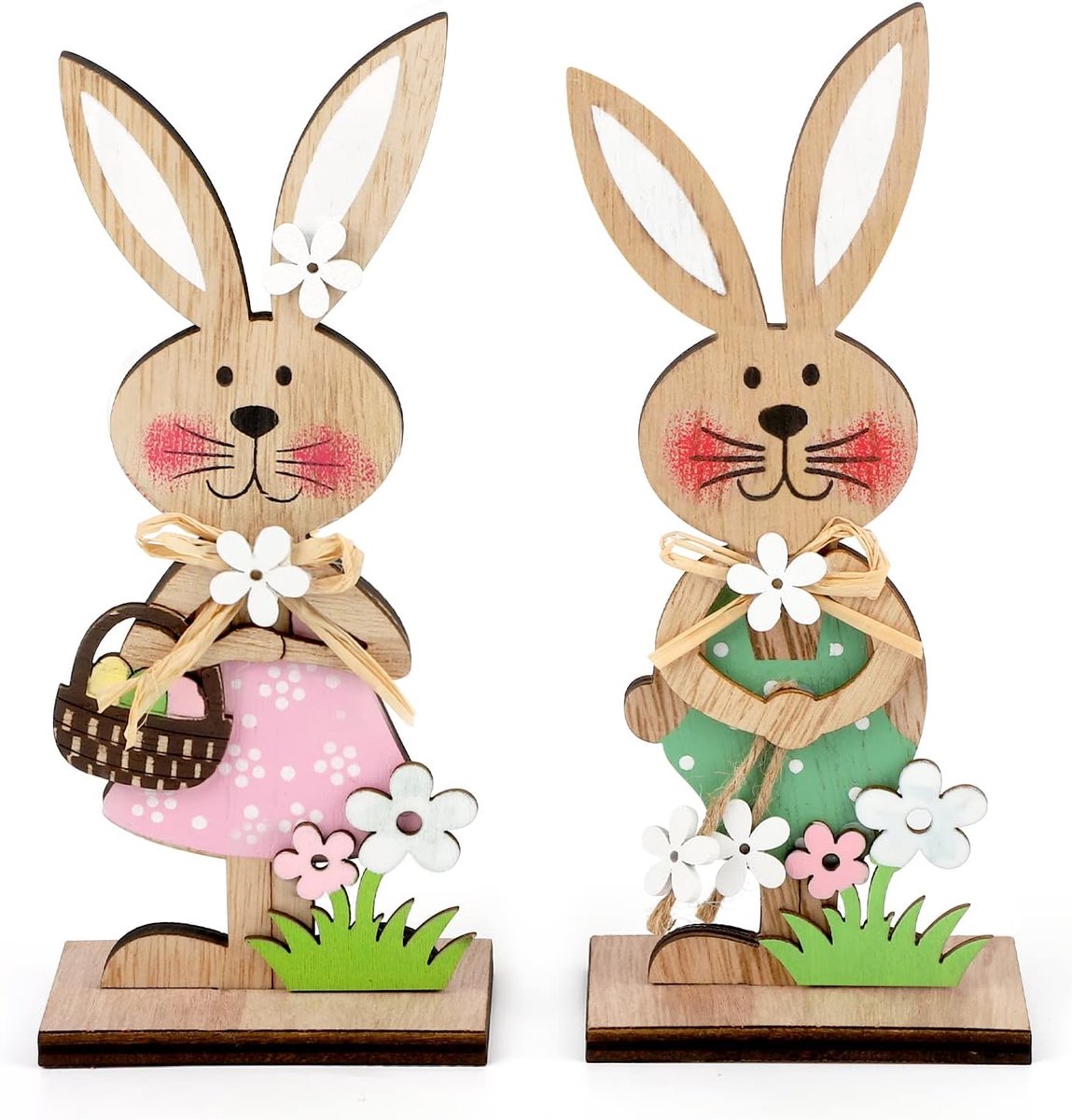 Houten Paashaas Decoratie Set van 2 - Staande Houten Konijnen - Perfect voor Pasen en Tuin - ShopVlot