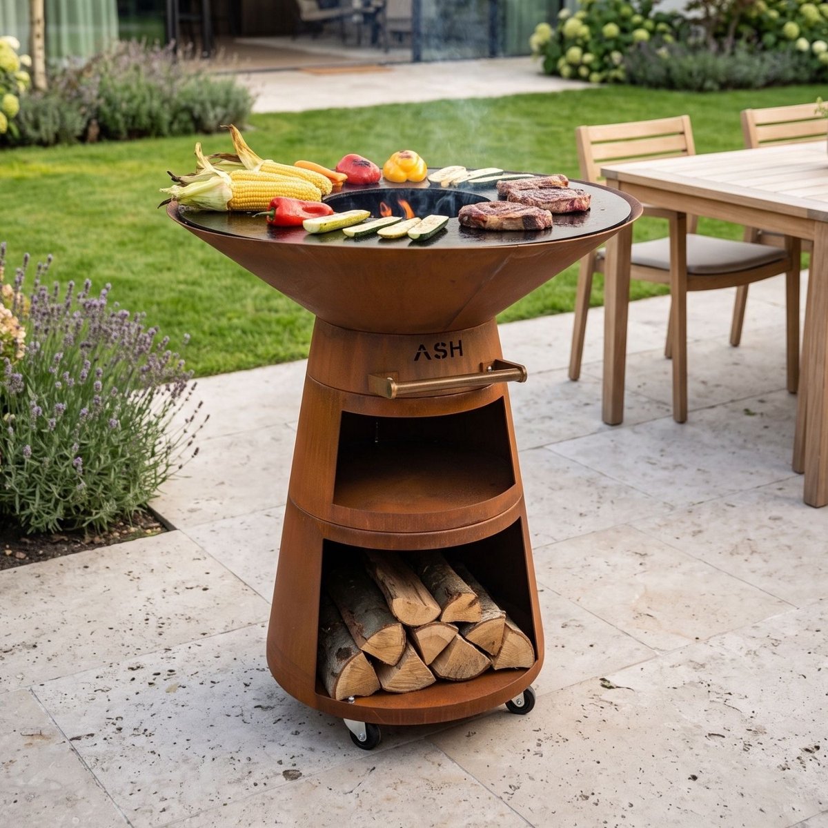 ASH Grill & Heat Prestige - Plancha BBQ - Ø 80 cm - Dubbele houtopslag - Vergrendelbare zwenkwielen