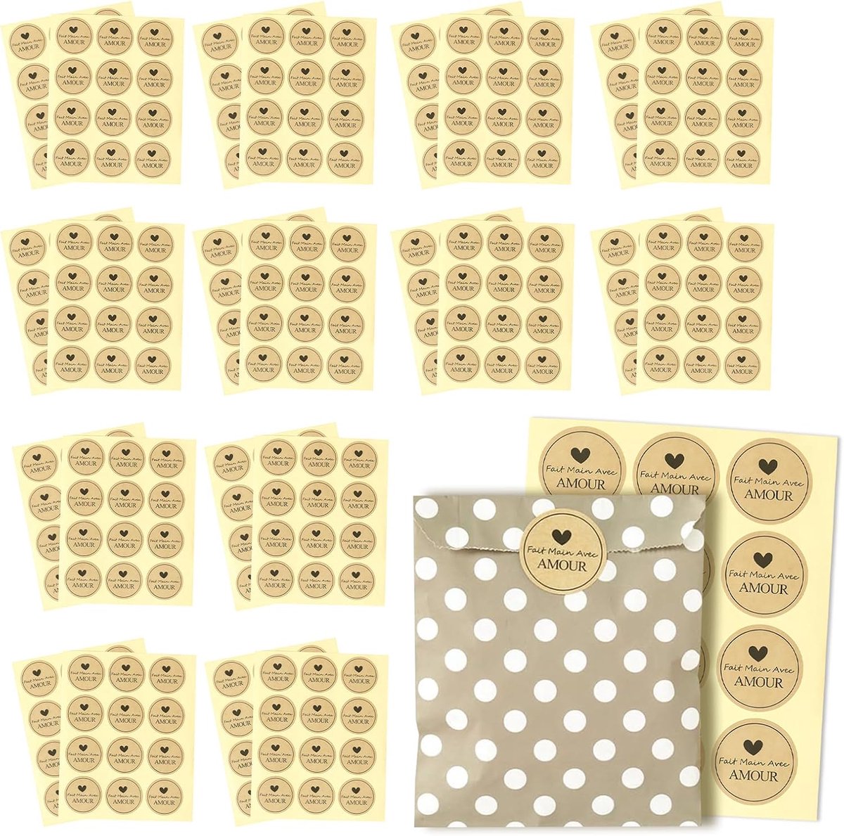 Ronde labels 38mm - Kraftpapier - Fait Main Avec Amour - Perfect voor cadeaus - ShopVlot
