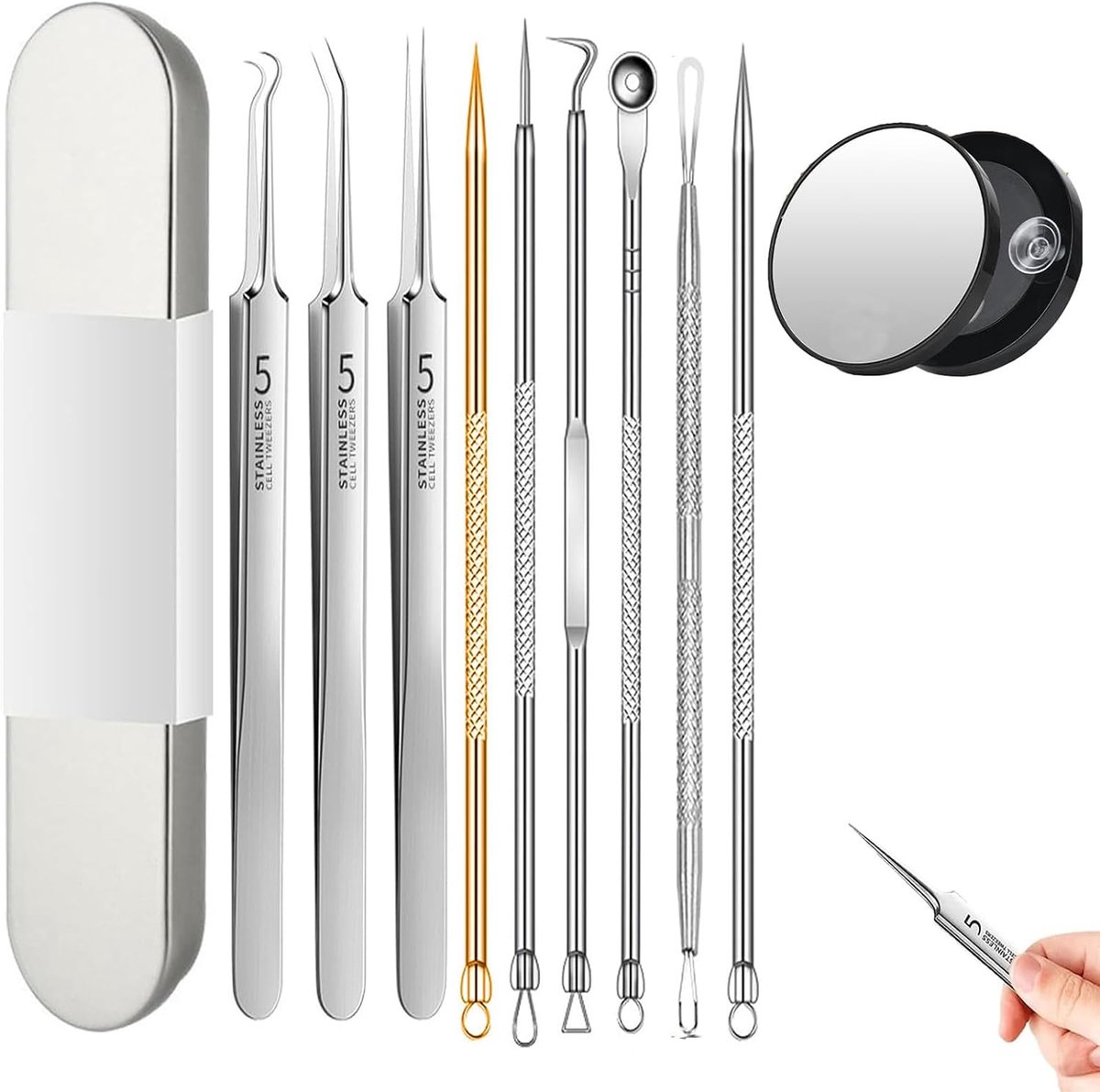Blackhead remover set 10-delig - roestvrij staal - met 15x vergrootglas - voor een gladde huid - ShopVlot