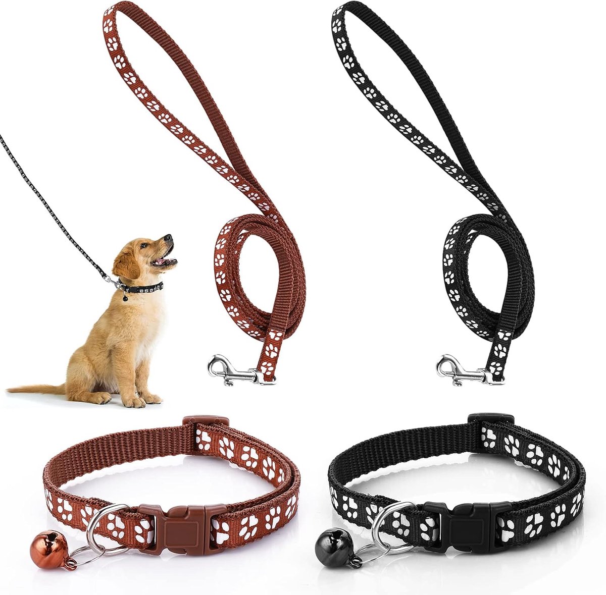 Hondenhalsband en leiband set - verstelbaar - zwart en bruin - comfortabele grip voor honden en katten - ShopVlot