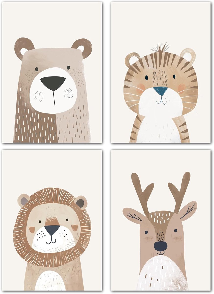 Kinderkamer poster dieren beige A4 - decoratieve afbeeldingen - voor meisjes en jongens - ShopVlot