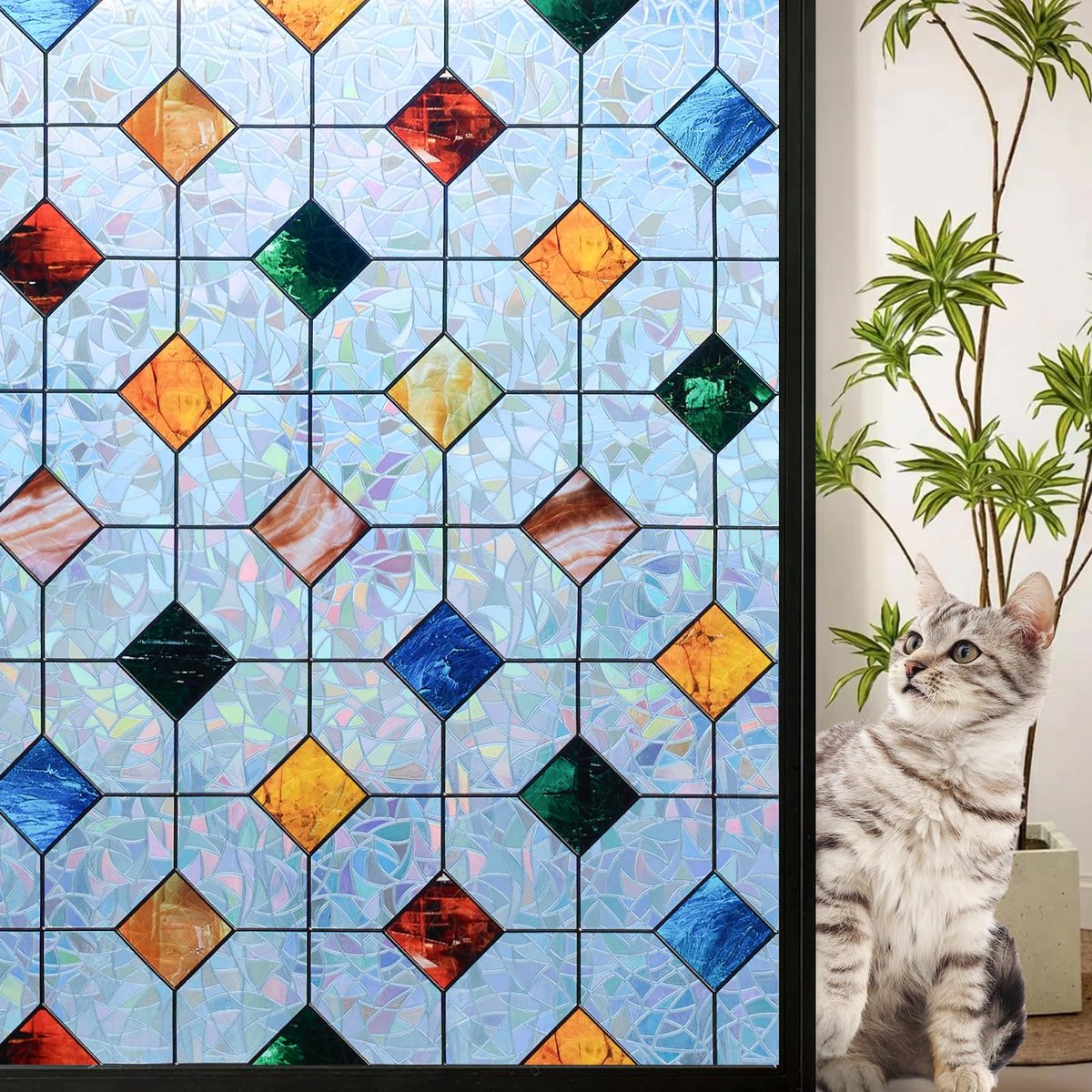 Raamfolie zichtwerend 44,5 x 200 cm - kleurrijk ruitpatroon - decoratieve regenboog - voor privacy - ShopVlot