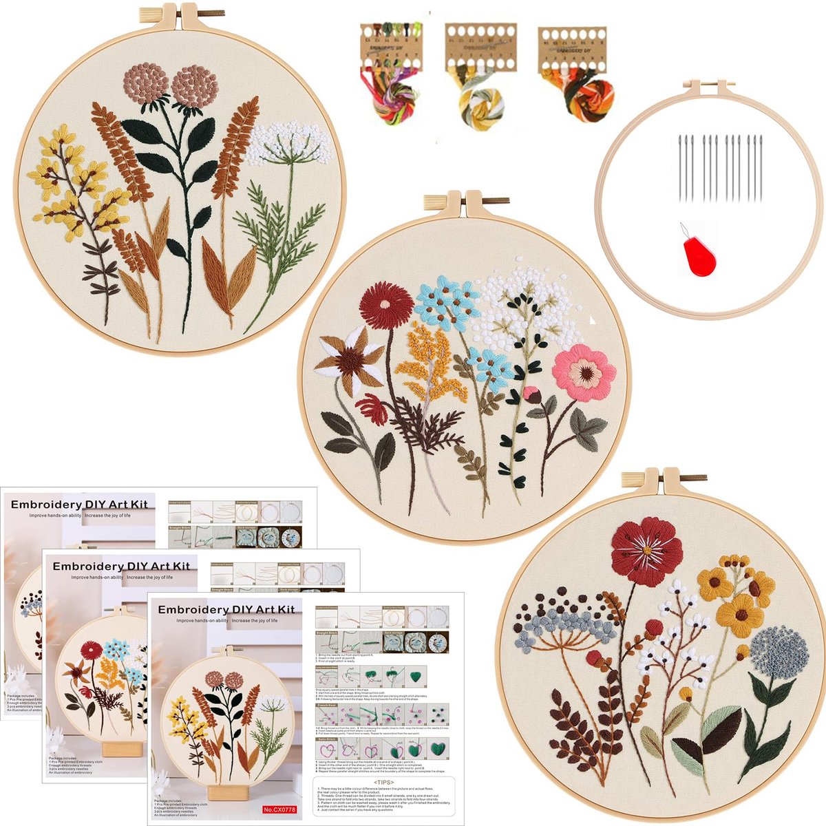 Namajunas - Borduurset van 3 - Met bloemenpatroon en planten - Borduurpakketten voor Volwassenen - Hobby en Creatief - Borduren - DIY kunstproject knutselset - Borduurpakket - Cadeau verjaardag/valentijn/kerst
