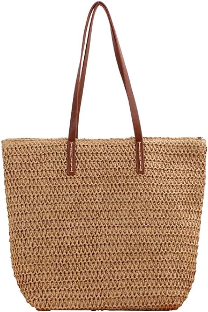Handgeweven Stro Schoudertas - Grote Leren Strandtas - Met Rits - Perfect voor Zomeruitjes - ShopVlot