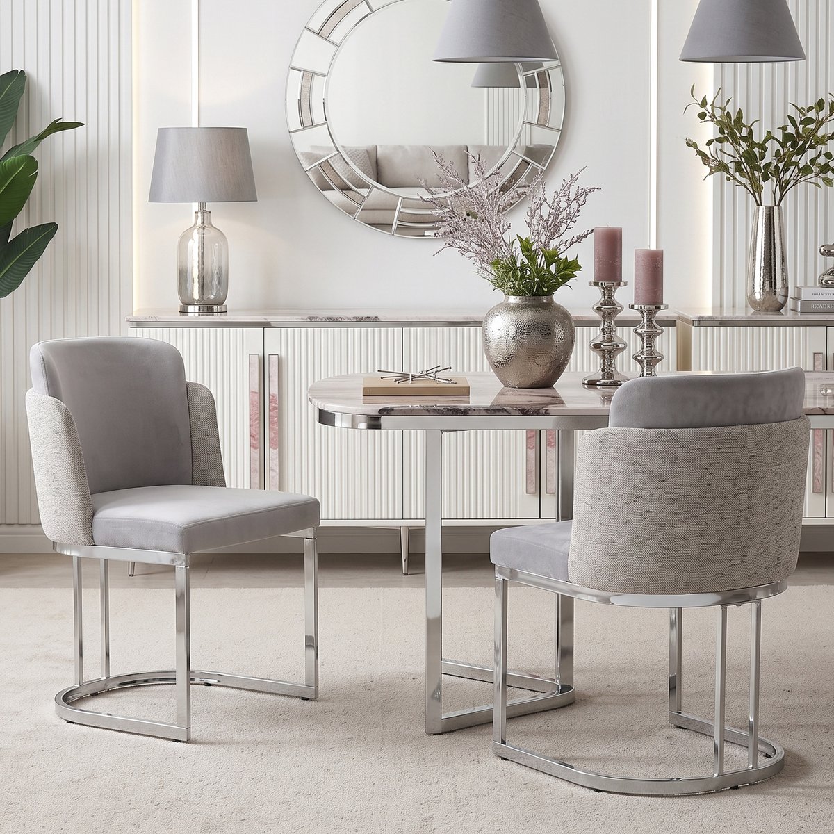 Set Van 2 Eetkamerstoelen 61,5x53,5x86 cm - Stoelen Met Chenille Bekleding En Verchroomde Metalen Poten Lichtgrijs Zilver